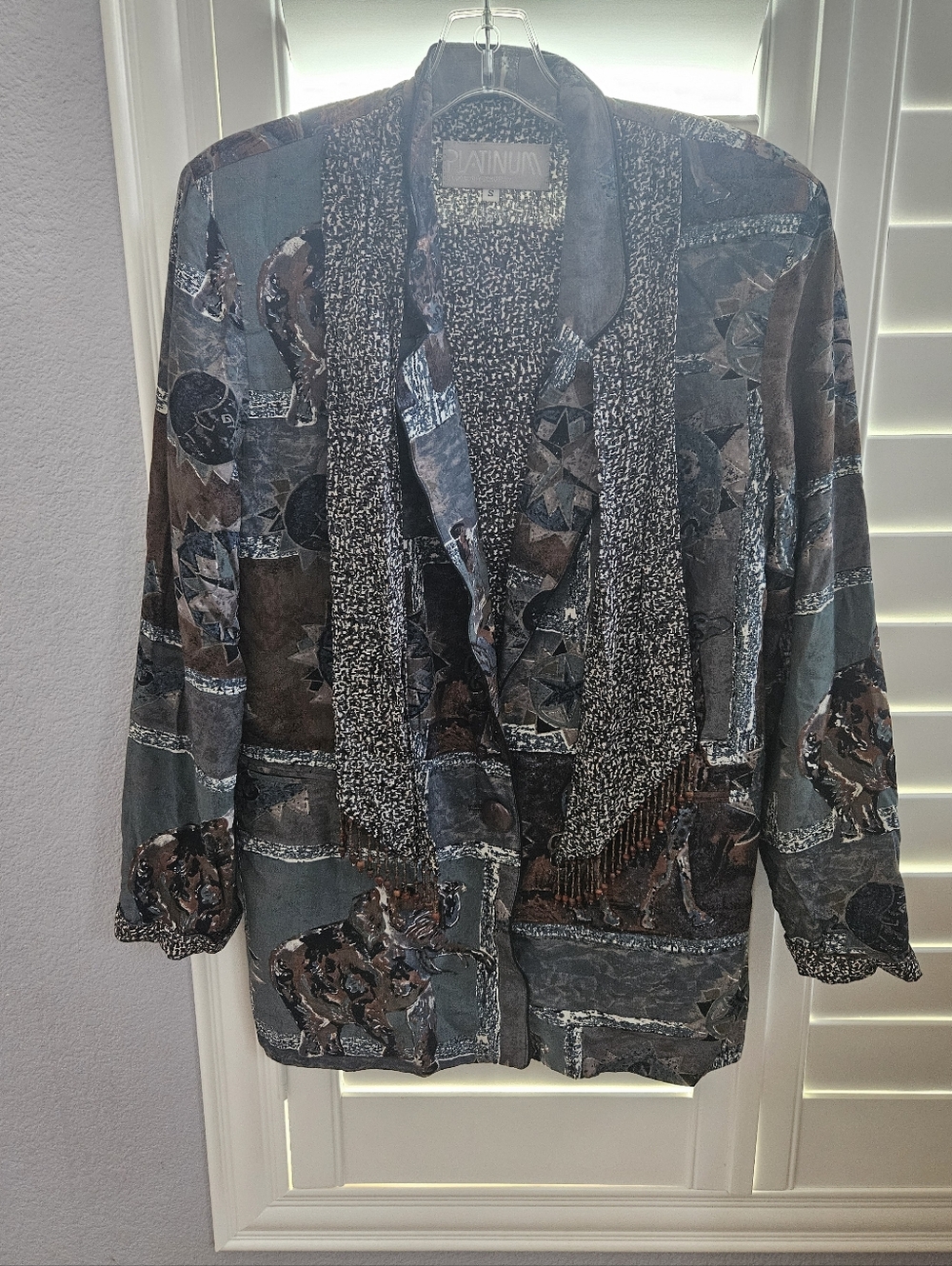 Vintage Patterned Open-Front Women's Jacket in Teal & Brown